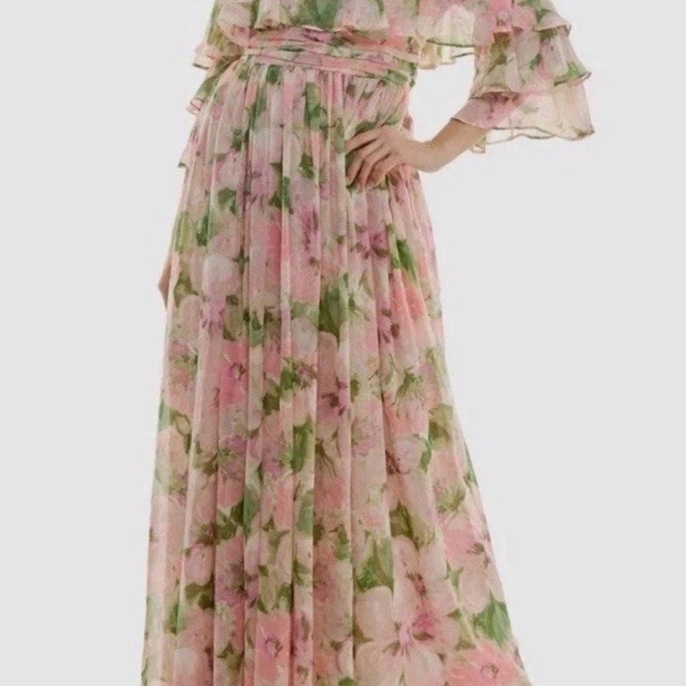 🛑SOLD🛑 Taylor Women's Pink Floral Ruched Square Neck Cold-Shoulder Gown Dress 8